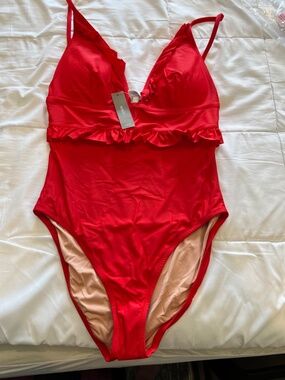 J.Crew Re-Imagined Eco Solid Juliett One-Piece Swimsuit Red Ruffle V-Neck Size 1
